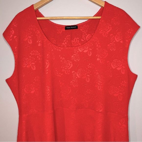 #104 Time Square Coral Sleeveless Fit and Flare Dress with Raised Rose Design - Picture 3 of 6